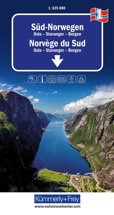 "Süd-Norwegen Oslo – Stavanger – Bergen" steht groß in Weiß auf Blau. Darunter ein Fjord zwischen hohen Bergen.