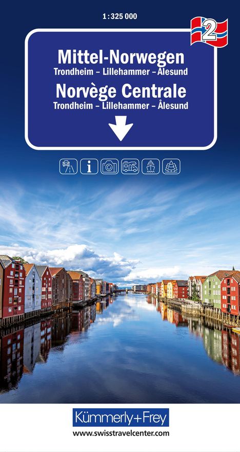 "Mittel-Norwegen: Trondheim – Lillehammer – Ålesund" steht auf einem blauen Schild über bunten Gebäuden an einem Fluss.