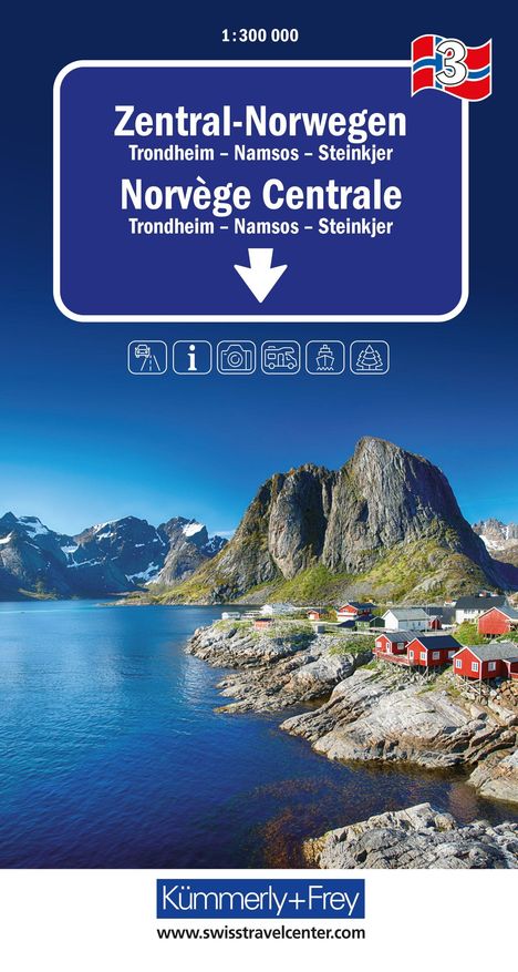 „Zentral-Norwegen: Trondheim, Namsos, Steinkjer.“ Malerische Landschaft mit Fjord, Bergen und roten Hütten.