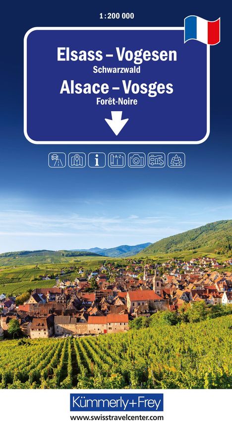 Elsass-Vogesen, Schwarzwald, Alsace-Vosges, Forêt-Noire. Oben Textfeld mit Flagge, unten Weinberge und Dorf in Hügellandschaft.