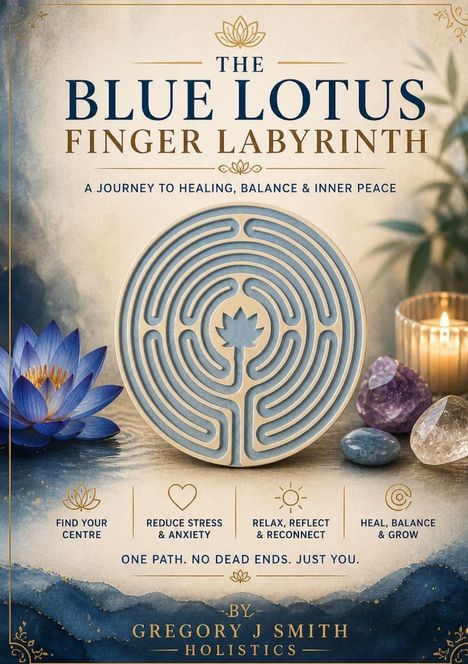 „The Blue Lotus Finger Labyrinth“: Ein Weg zu Heilung, Klarheit, Entspannung, Balance. Mit blauer Lotusblume und Kerze.