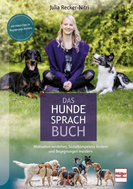"Das Hundesprachbuch" von Julia Recker-Nitri. Eine Frau sitzt mit zwei Hunden auf einer Wiese. Unten: Hunde an Leinen.