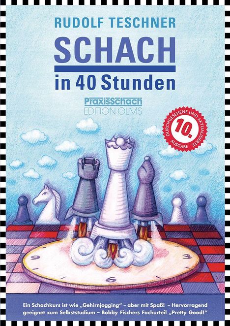 "Rudolf Teschner - Schach in 40 Stunden. Ein Schachkurs ist wie ‚Gehirnjogging‘ – aber mit Spaß! Illustration: Schachfiguren auf einer Uhr."