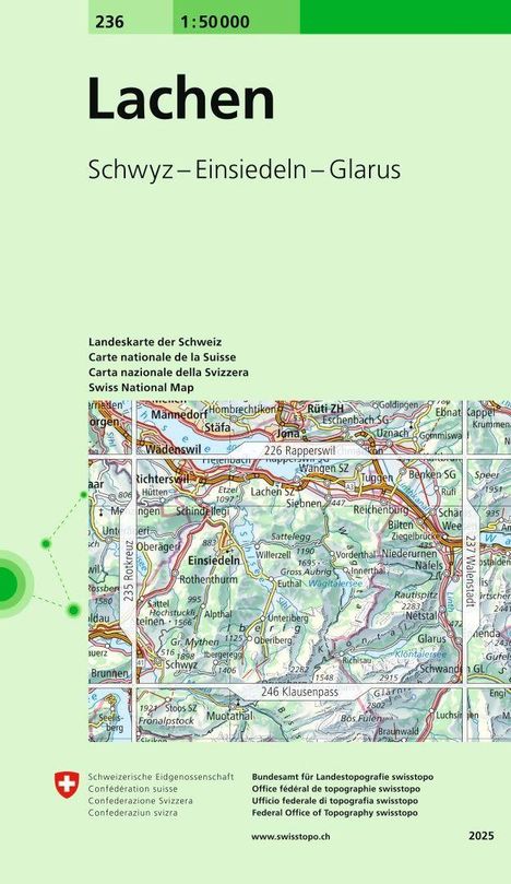 Großer Text: "Lachen". Kleinerer Text: "Schwyz – Einsiedeln – Glarus". Darunter eine detaillierte Landkarte der Region.
