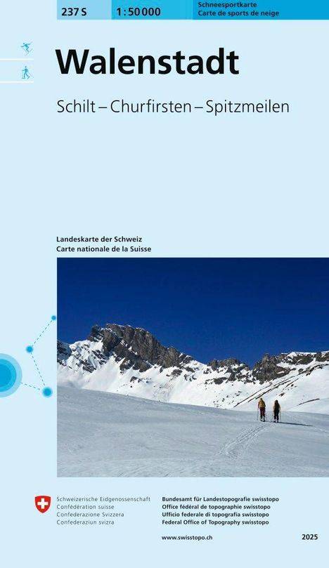 "Walenstadt: Schilt - Churfirsten - Spitzmeilen. Schneesportkarte. Verschneite Berglandschaft mit Skitourengängern."