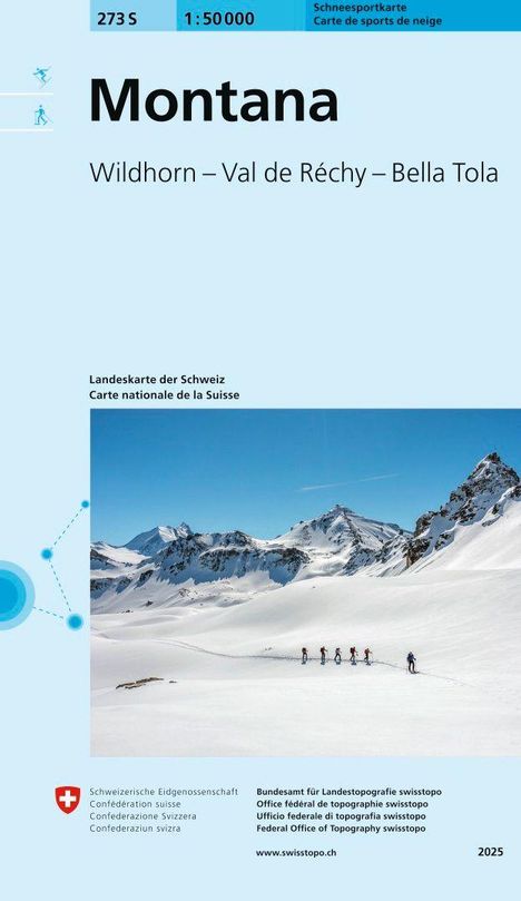 Montana, Wildhorn – Val de Réchy – Bella Tola, Landkarte der Schweiz. Winterlandschaft mit Skitourengruppe.