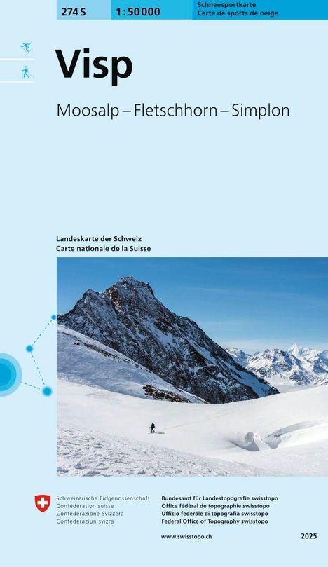 Visp, Moosalp–Fletschhorn–Simplon, Landeskarte der Schweiz. Schneebedeckte Berge unter klarem Himmel.