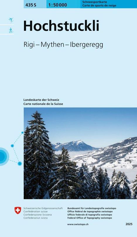 Landeskarte der Schweiz: Hochstuckli, Rigi-Mythen-Ibergeregg, schneebedeckte Berghänge und Bäume unter klarem Himmel.