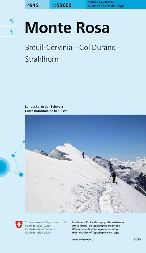 Monte Rosa, Breuil-Cervinia, Col Durand, Strahlhorn. Schneesportkarte, Landkarte der Schweiz. Zwei Wanderer im Schnee.