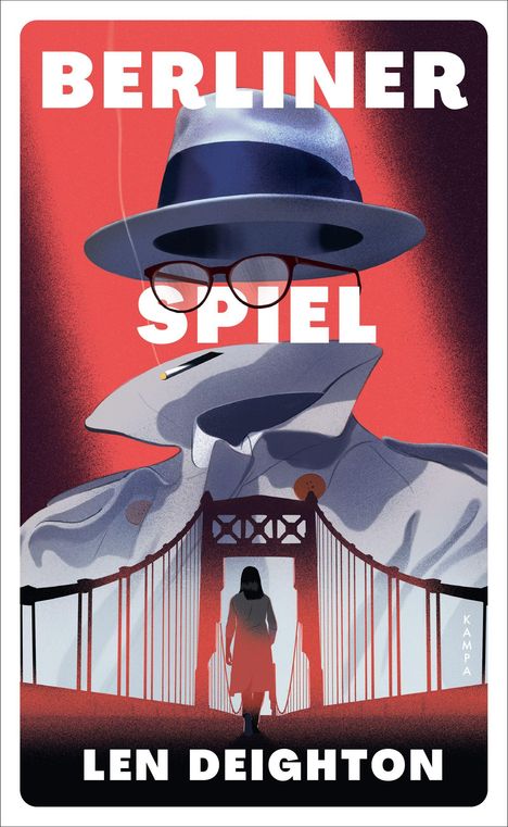 "BERLINER SPIEL" und "LEN DEIGHTON" auf rotem Hintergrund. Illustration: Mann mit Hut, Brille und Zigarette, Brücke im Vordergrund.