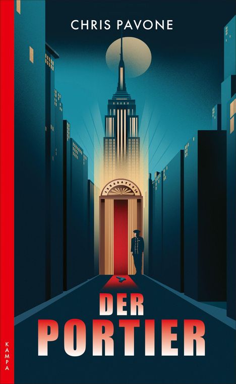 Text: "CHRIS PAVONE", "DER PORTIER", "KAMPA". Illustration: Großstadtszene bei Nacht mit Hochhaus und einem Portier.