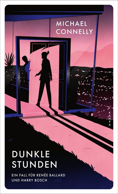 Buchtitel: "Dunkle Stunden" von Michael Connelly. Eine Silhouette mit Pistole vor einer offenen Tür in einer stilisierten Landschaft.