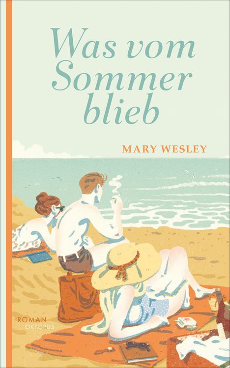 „Was vom Sommer blieb“, Mary Wesley. Ein Paar am Strand, sie liegen auf Handtüchern, lesen. Vintage-Stil.