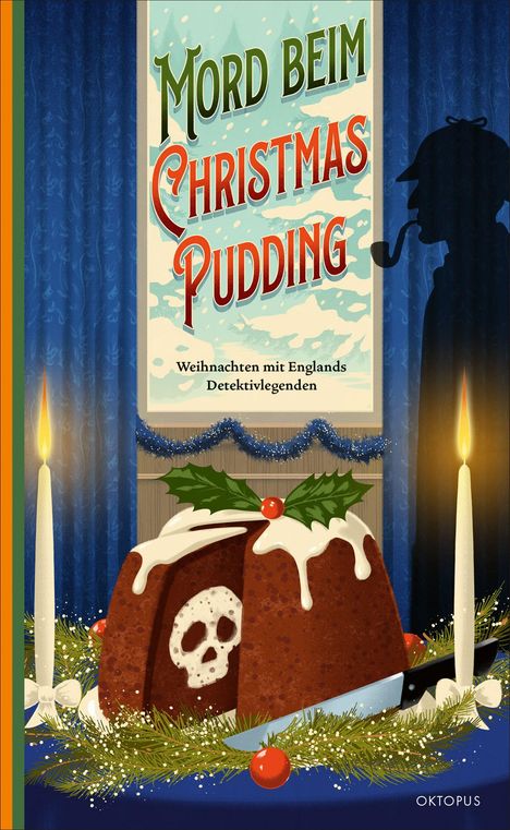 „Mord beim Christmas Pudding. Weihnachten mit Englands Detektivlegenden.“ 

Eine Illustration zeigt einen Pudding mit Totenkopf-Muster. Links und rechts brennen Kerzen, oben ist ein Detektiv im Profil.
