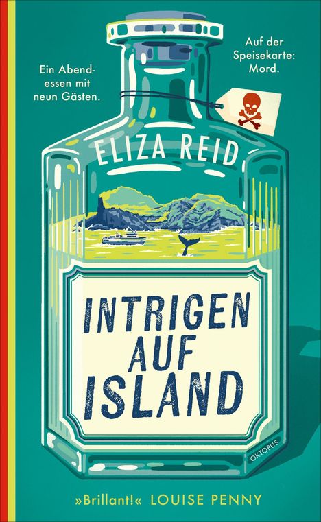 Auf einem Flaschenetikett steht "Intrigen auf Island". Daneben: "Ein Abendessen mit neun Gästen" und "Auf der Speisekarte: Mord".