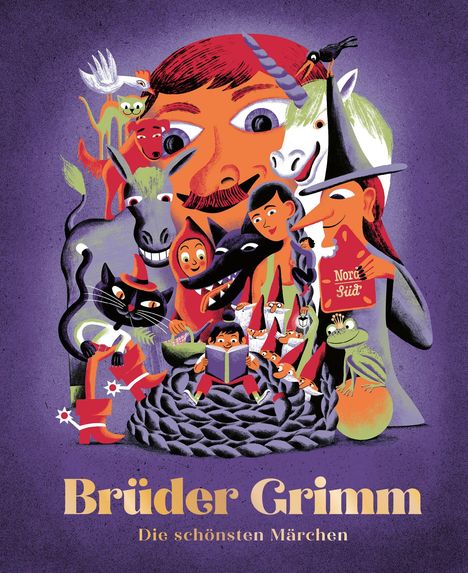 "Brüder Grimm: Die schönsten Märchen." Bunte Märchenfiguren, darunter ein Riese, Hexe, Esel und Frösche auf violettem Hintergrund.