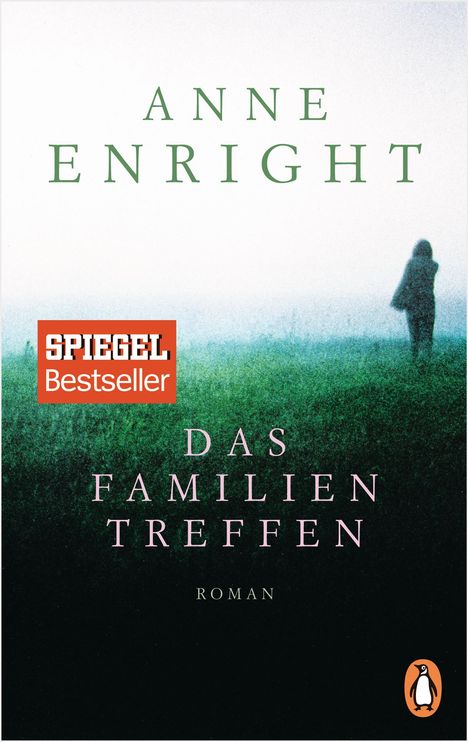 "Anne Enright, Spiegel Bestseller, Das Familientreffen, Roman." Darstellung einer Gestalt auf einer nebligen Wiese.