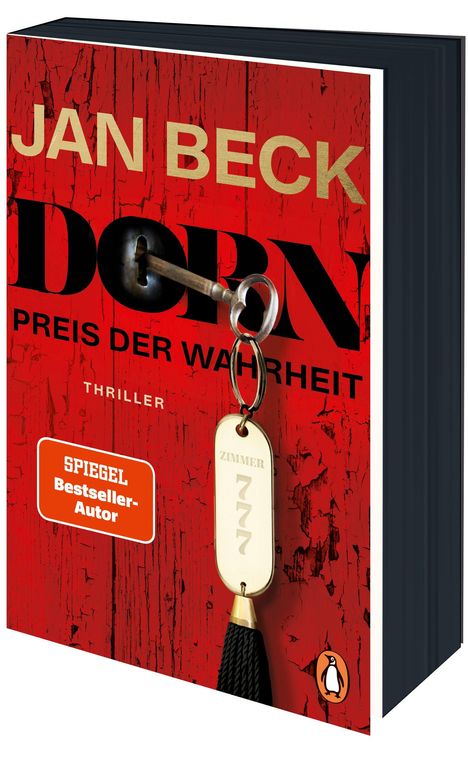 JAN BECK, DORN - PREIS DER WAHRHEIT, Thriller. Schlüssel im Schloss, Anhänger mit Zimmer 777, rot-schwarzer Hintergrund.