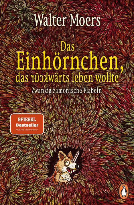 „Das Einhörnchen, das rückwärts leben wollte; Zwanzig zamonische Flabeln“. Ein Einhorn in einem bunten Blätterwald.