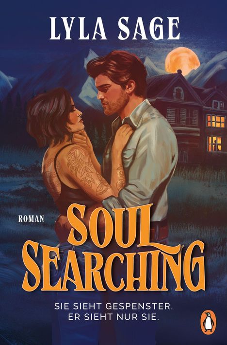 „Soul Searching“: Eine Frau und ein Mann umarmen sich vor einem Haus bei Vollmond und Bergen.