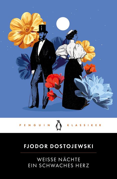 FJODOR DOSTOJEWSKI. WEISSE NÄCHTE EIN SCHWACHES HERZ. Illustration: ein Paar in altmodischer Kleidung vor Blumen.