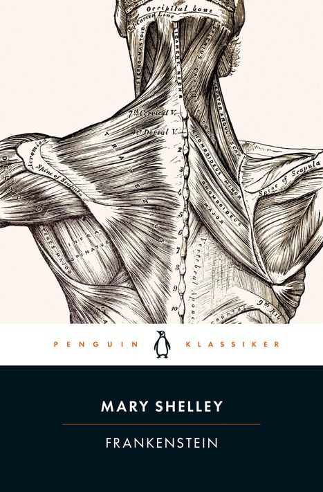 "MARY SHELLEY FRANKENSTEIN" in weiß auf dunklem Hintergrund, darüber anatomische Illustration eines Rückens mit Muskeln und Knochen.