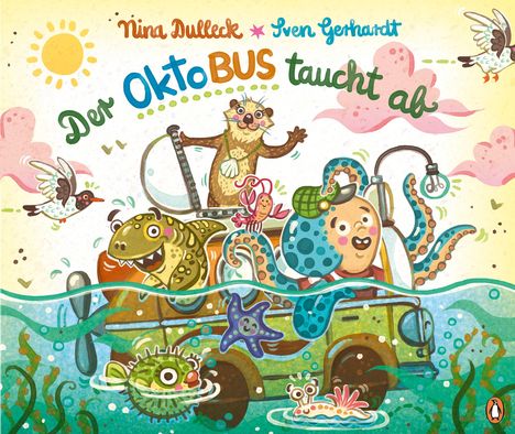 "Der OktoBUS taucht ab". Fröhliche Meeresbewohner, darunter ein Oktopus, fahren in einem umgebauten Bus unter Wasser.