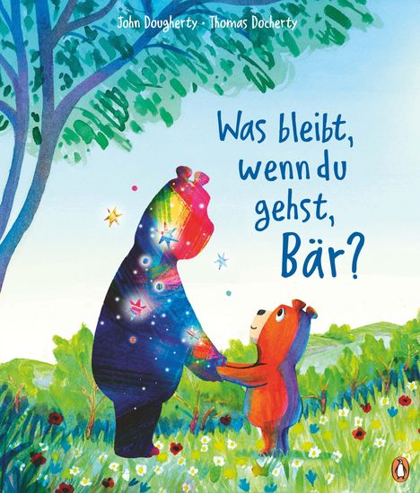 „Was bleibt, wenn du gehst, Bär?“ Zwei bunte Bären im Grünen, Händchen haltend unter einem Baum.