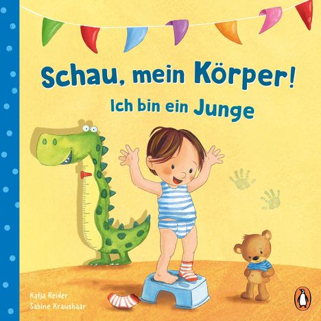 "Schau, mein Körper! Ich bin ein Junge." Ein Junge in Unterwäsche steht auf einem Hocker neben einem Dino und einem Teddy.