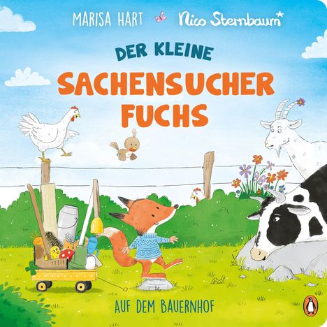 "Der kleine Sachensucher Fuchs" und "Auf dem Bauernhof". Eine Illustration mit Fuchs, Kuh, Ziege und anderen Tieren.