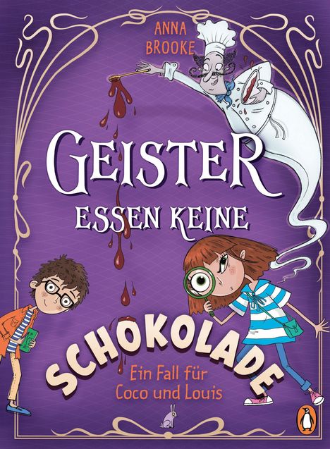 „Geister essen keine Schokolade“ Illustration mit Geisterkoch, Kindern und lila Hintergrund, fröhlich und verspielt.