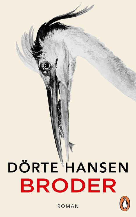 "Dörte Hansen, Broder, Roman." Illustration eines stilisierten Vogels, der einen Fisch im Schnabel hält. Unten ein Logo.