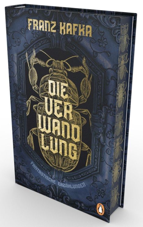 FRANZ KAFKA, DIE VERWANDLUNG, FANTASTISCHE ERZÄHLUNGEN. Illustration eines Käfers auf dunkelblauem Hintergrund.