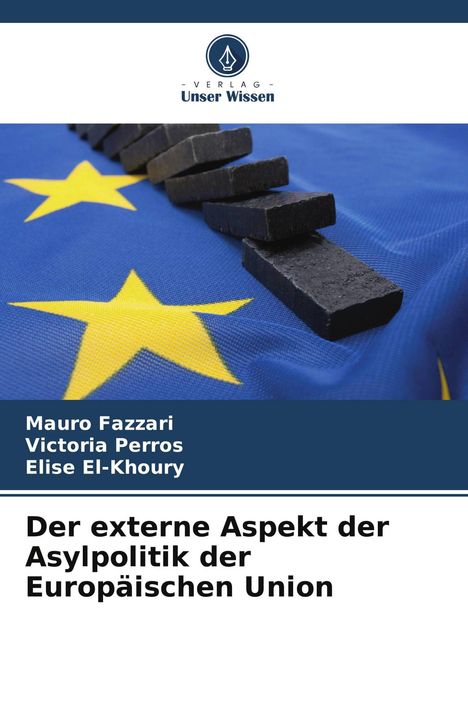 Logo „Verlag Unser Wissen“, blauer EU-Flaggenhintergrund mit gelben Sternen, davor schwarze Dominosteine.