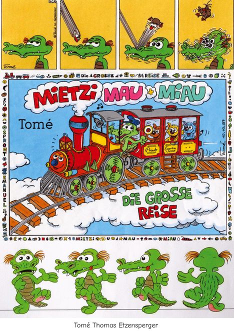 "Mietzi Mau + Miau", "Die große Reise". Ein fröhliches Krokodil in einer Lokomotive. Bunte Zeichnung mit Zugmotiv.