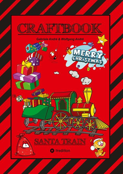 "CRAFTBOOK", "MERRY CHRISTMAS", "SANTA TRAIN". Illustration: Zug mit Geschenken, Comic-Stil auf rotem Hintergrund.