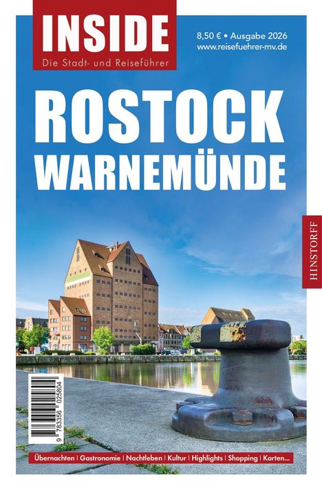 Covertext: "INSIDE Die Stadt- und Reiseführer". Groß: "ROSTOCK WARNEMÜNDE". Im Hintergrund eine Uferansicht mit Gebäuden.