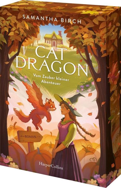 "Samantha Birch, Cat Dragon, Vom Zauber kleiner Abenteuer. Eine Frau mit Zopf und spitzem Hut, umgeben von Bäumen und Kürbissen."