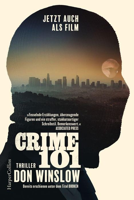 „JETZT AUCH ALS FILM“, „CRIME 101“, „THRILLER DON WINSLOW“. Silhouette mit Stadtansicht und Mond über dem Horizont.