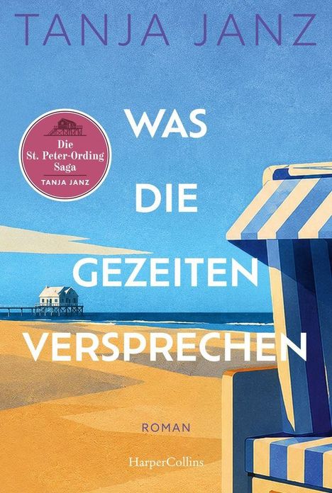 Titel: "Was die Gezeiten versprechen". Autor: Tanja Janz. Im Hintergrund Strand und Meer mit einem Haus.