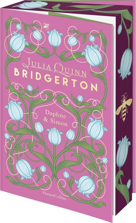 "JULIA QUINN BRIDGERTON", "Daphne & Simon", "HarperCollins". Rosa Buchcover mit blauen Blumen und einem Bienenmotiv.
