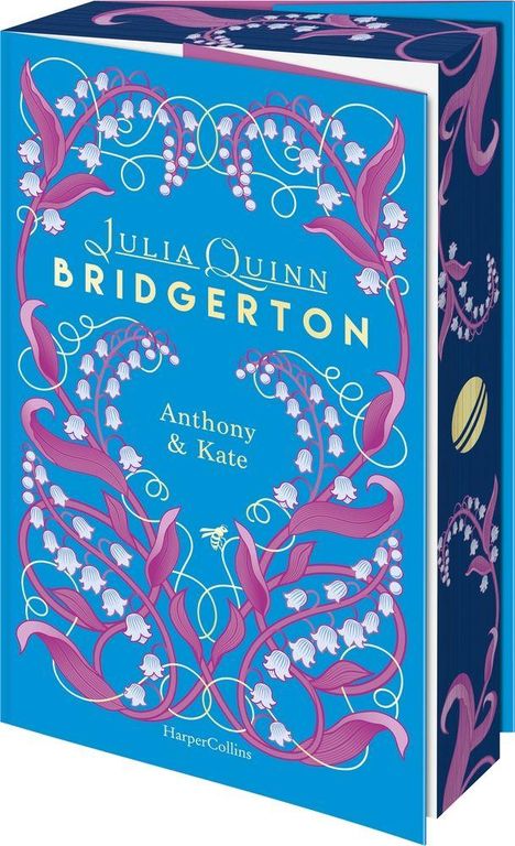 "Julia Quinn Bridgerton, Anthony & Kate" in gelber Schrift auf blauem Hintergrund mit lila Blütenornamenten.