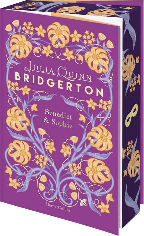 "Julia Quinn Bridgerton, Benedict & Sophie, HarperCollins." Lila Hintergrund, elegante gelbe Blumenmuster mit blauen Ranken.