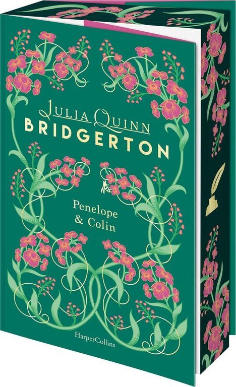 "Julia Quinn Bridgerton: Penelope & Colin. HarperCollins." Ein grünes Cover mit rosa Blumen und verschnörkelten Mustern.
