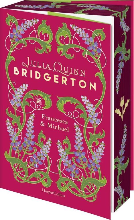 "Julia Quinn - Bridgerton, Francesca & Michael, HarperCollins." Ein florales Muster in Lila und Grün auf rotem Hintergrund.