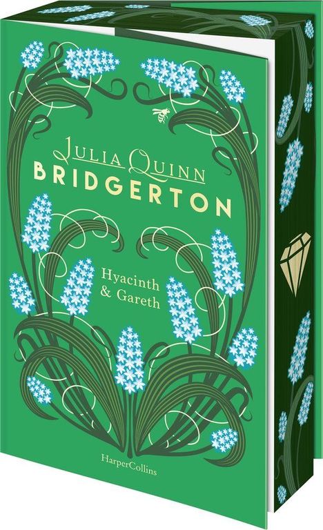"Julia Quinn, Bridgerton, Hyacinth & Gareth, HarperCollins." Ein grünes Buch mit floralen Mustern und blauen Blumen.