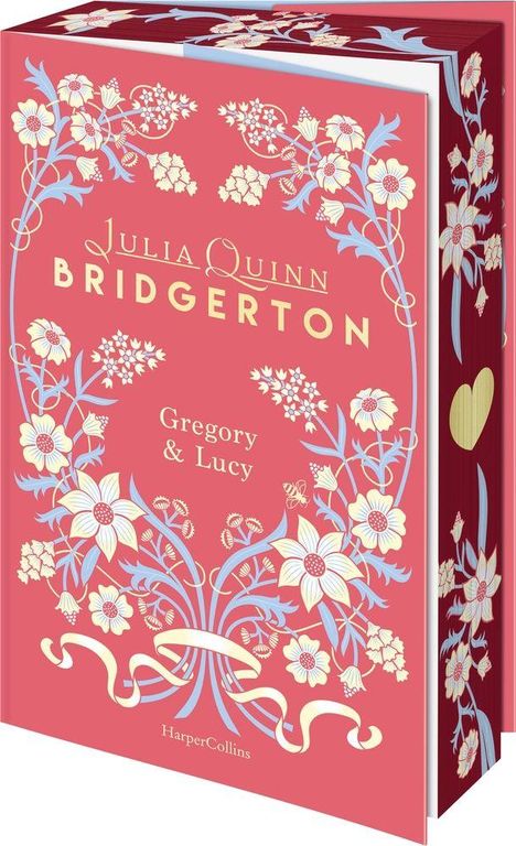 "Julia Quinn Bridgerton: Gregory & Lucy" steht auf einem roten Buch mit floralen Mustern in Weiß und Blau.