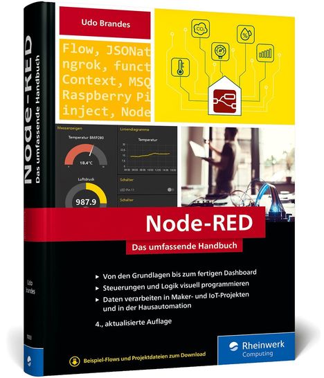 "Node-RED, Das umfassende Handbuch, Udo Brandes. Von Grundlagen bis fertiges Dashboard." Ein Buchcover mit technischen Symbolen.