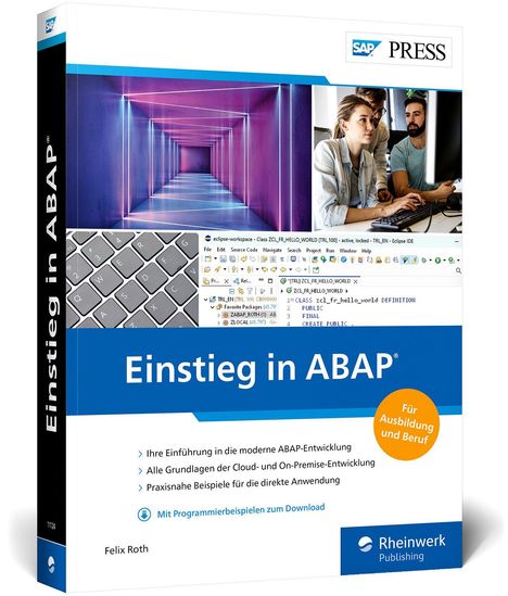 Texte: "Einstieg in ABAP", "Für Ausbildung und Beruf". Logo und Collage mit Computerbildern und Menschen.
