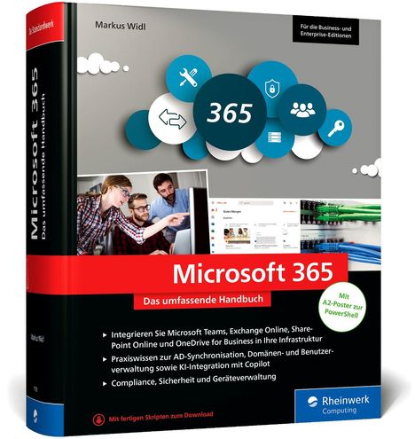 „Microsoft 365: Das umfassende Handbuch“ von Markus Widl. Cover mit Grafiken und Fotos, rote und schwarze Gestaltung.
